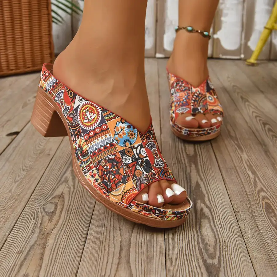 Printed Open Toe Block Heels Sandals