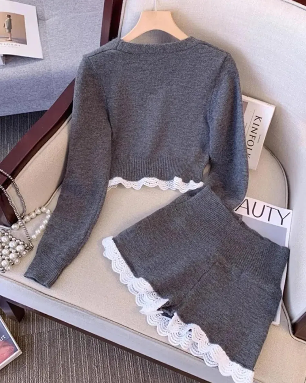 Lace Trim Cardigan & Shorts Set