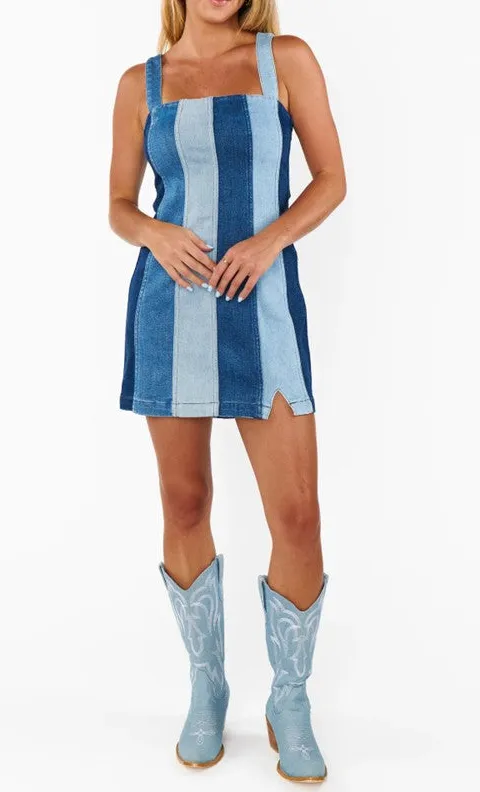 Blue Denim Stripe Corset Style Mini Dress