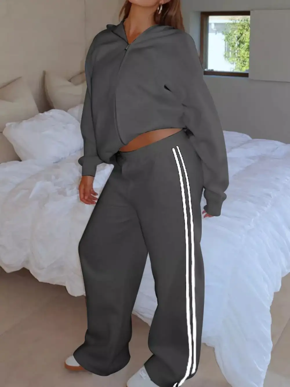 Zip Up Hoodie and Striped Pants Set