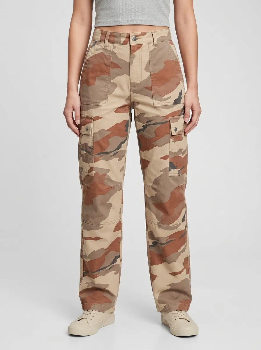 Women's Camouflage High-Rise Flap-Pocket Straight-Leg Cargo Pants