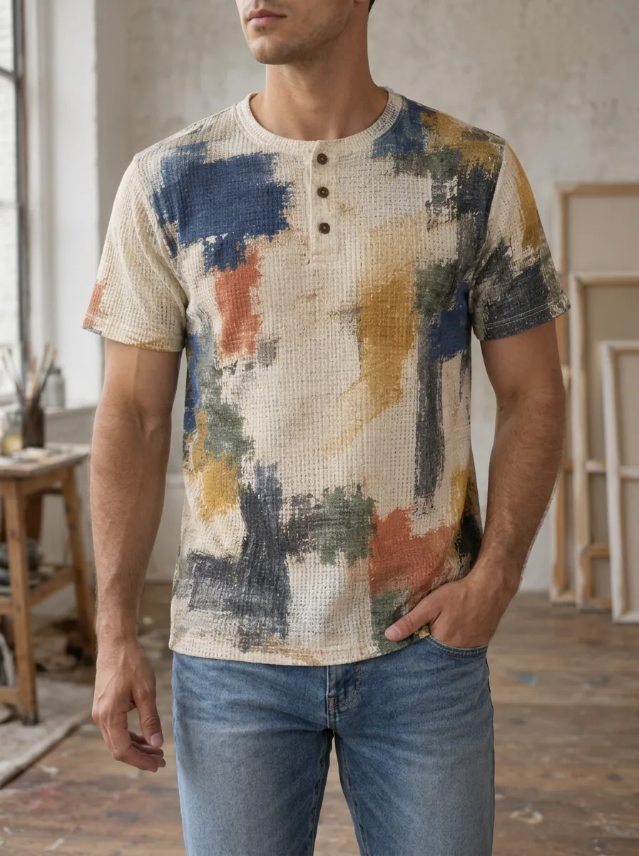 Men's Casual Abstract Brushstroke Waffle Knit Henley T-Shirt