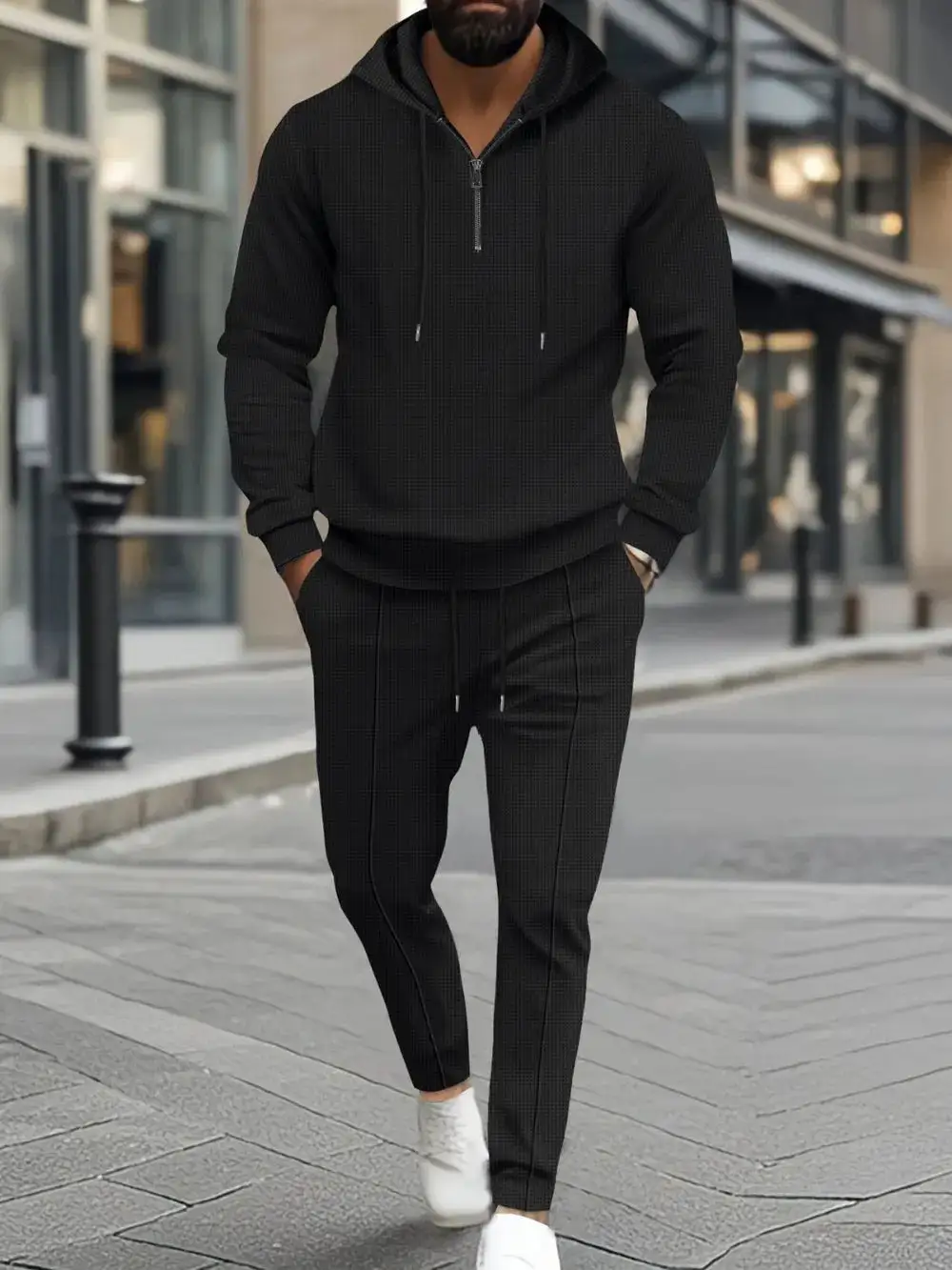 Waffle-Knit Half-Zip Hoodie and Pants Sport Set