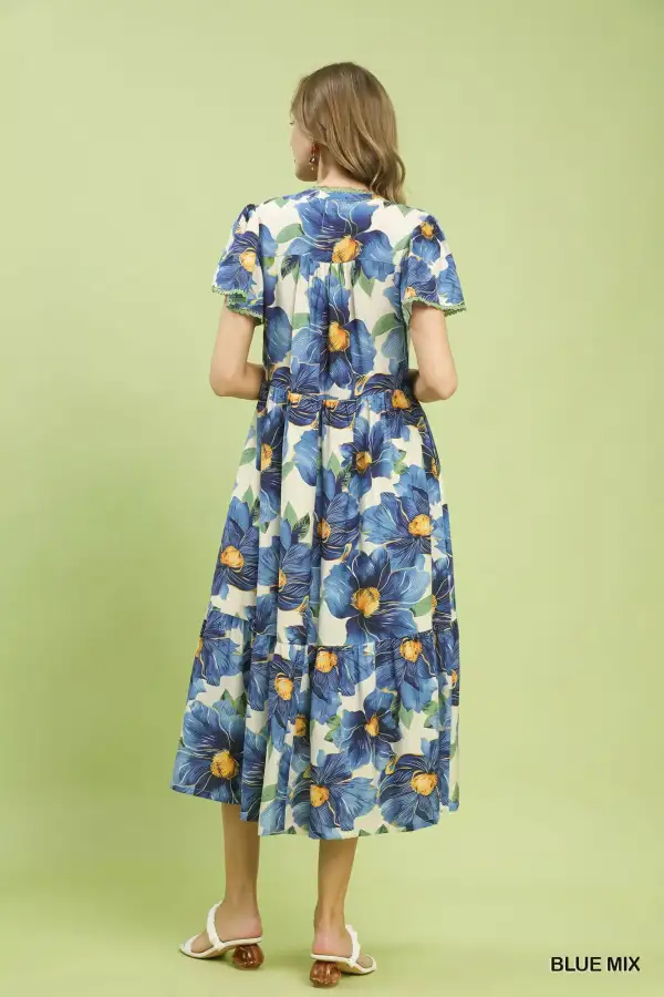 Tropical Tropical V-Neck Flutter Sleeve Tiered Midi Dress