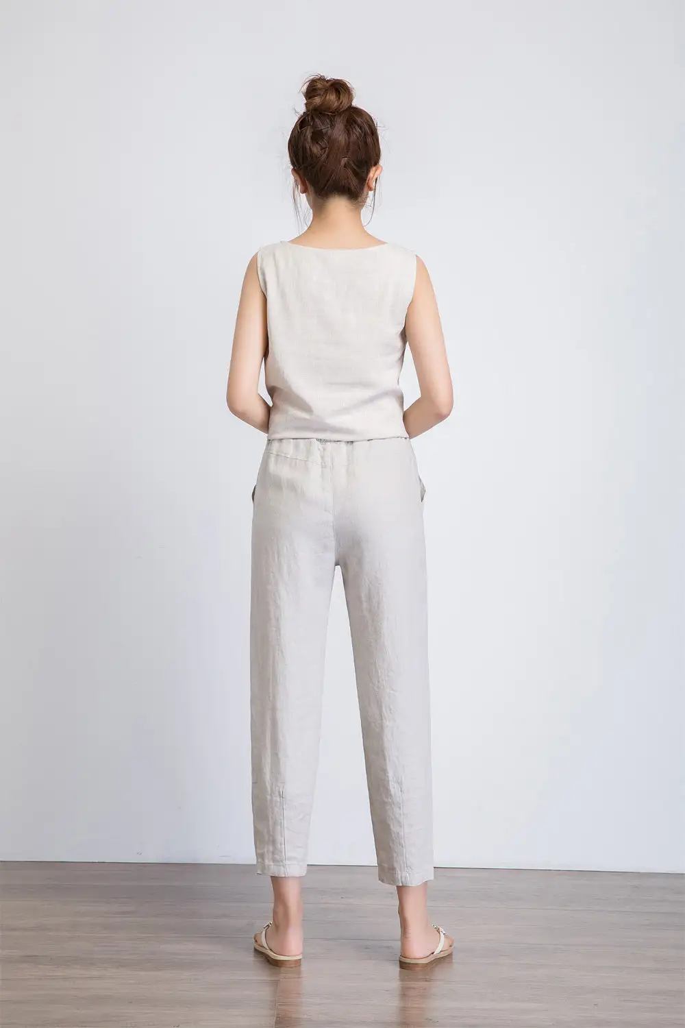 Linen Tapered Cropped Drawstring Waist Pocketed Trousers
