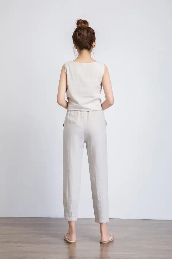 Linen Tapered Cropped Drawstring Waist Pocketed Trousers
