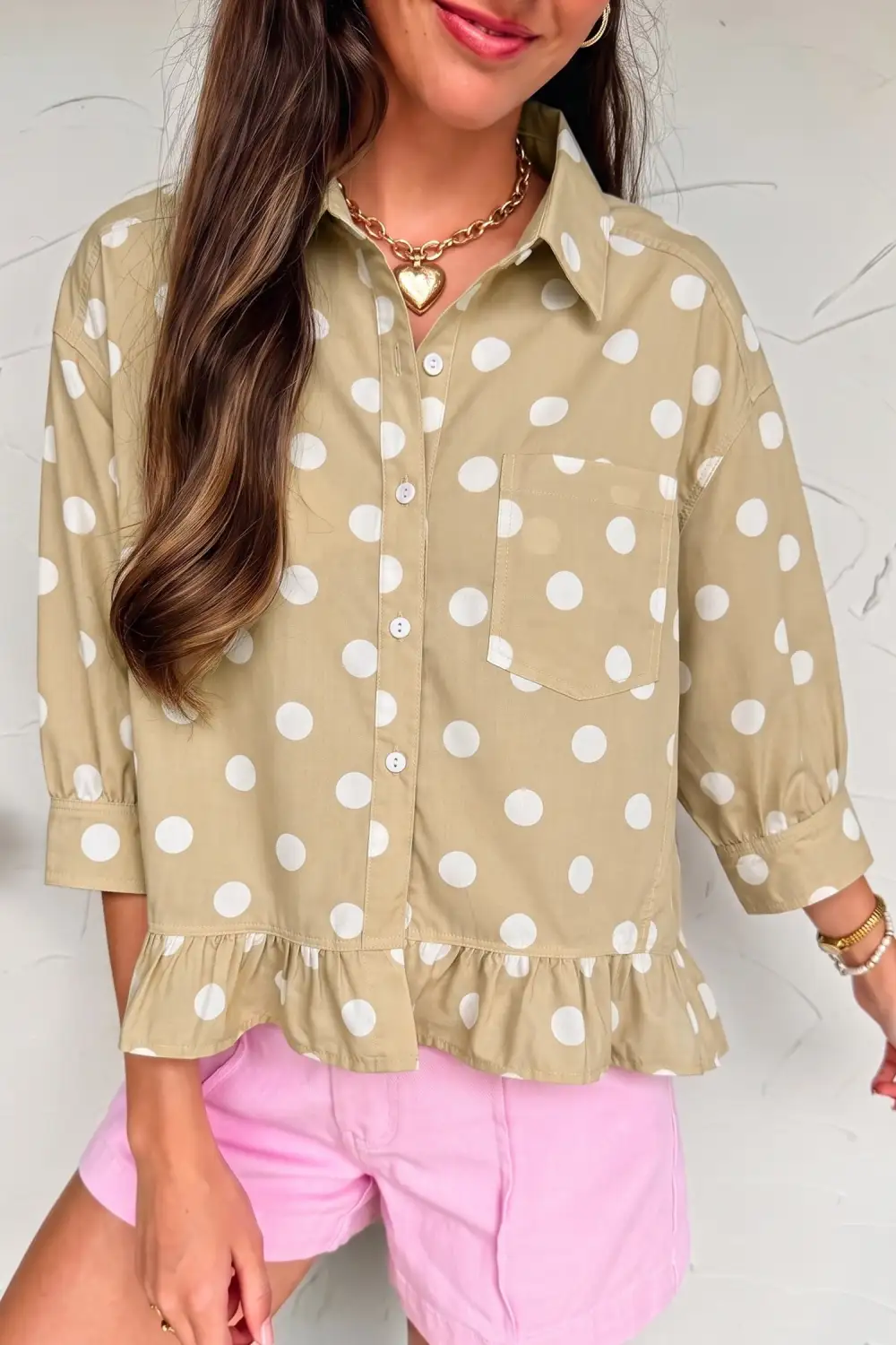 Women's Polka Dot Three Quarter Sleeve Ruffled Blouse