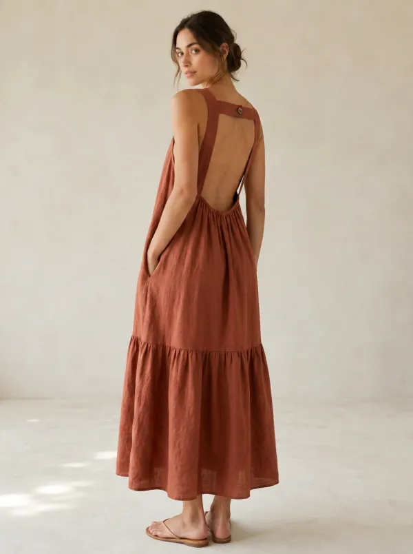 Women's Relaxed-Line Casual Linen Maxi Backless Dress