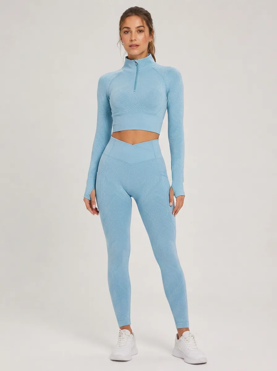 Women's Light Blue Quarter-Zip Cropped Top and High-Waist Leggings Set
