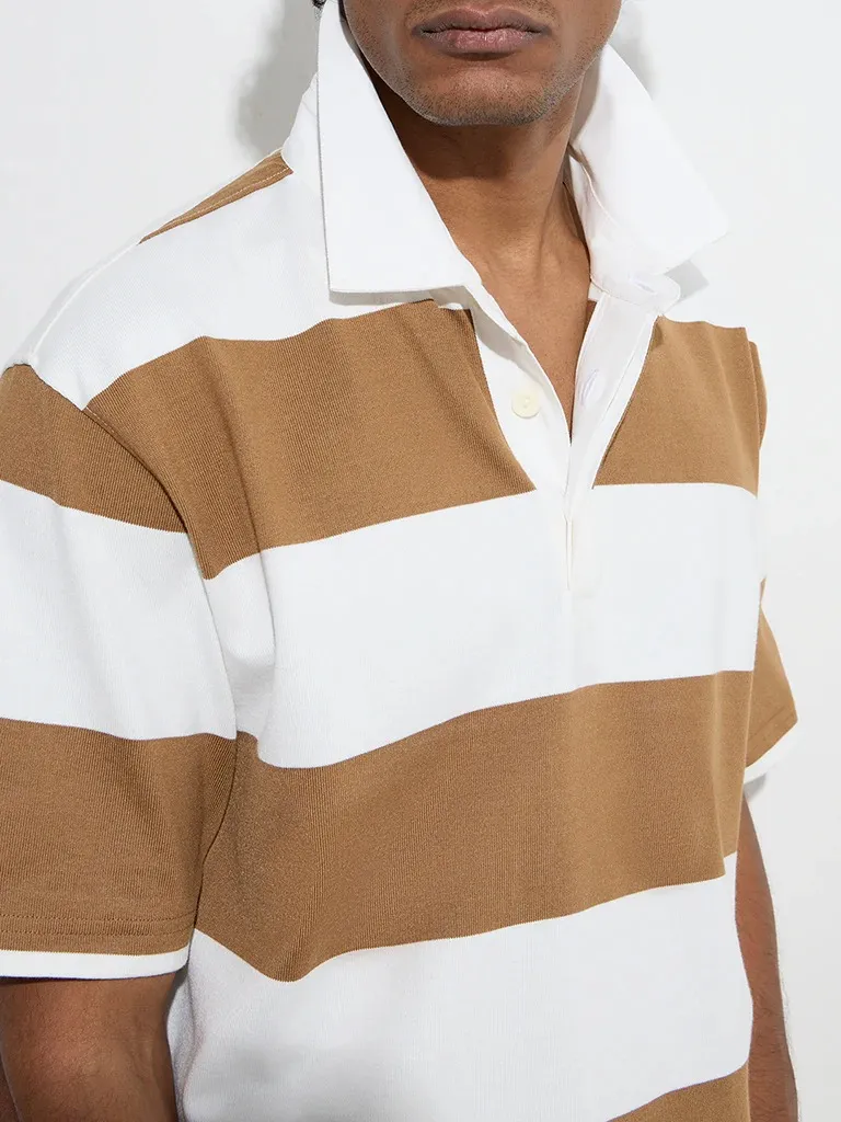 Brown Loose Cotton-Blend Polo T-Shirt