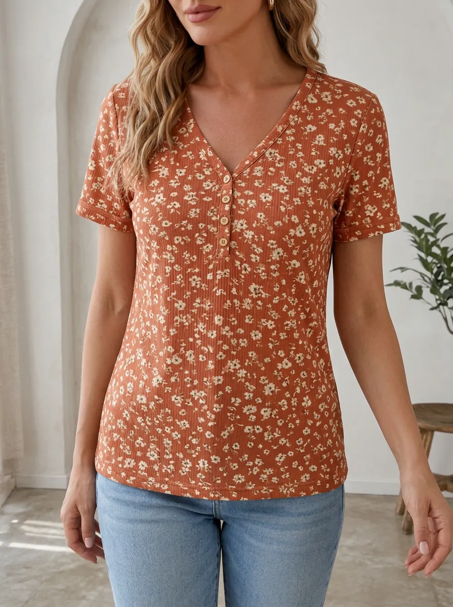 Women's Casual Floral Patterned Button-Down Printed Henley Top