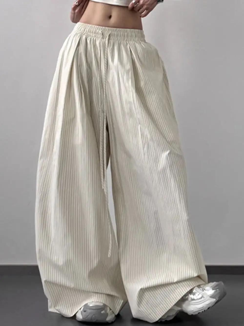 Textured Striped Wide Leg Drawstring Pants