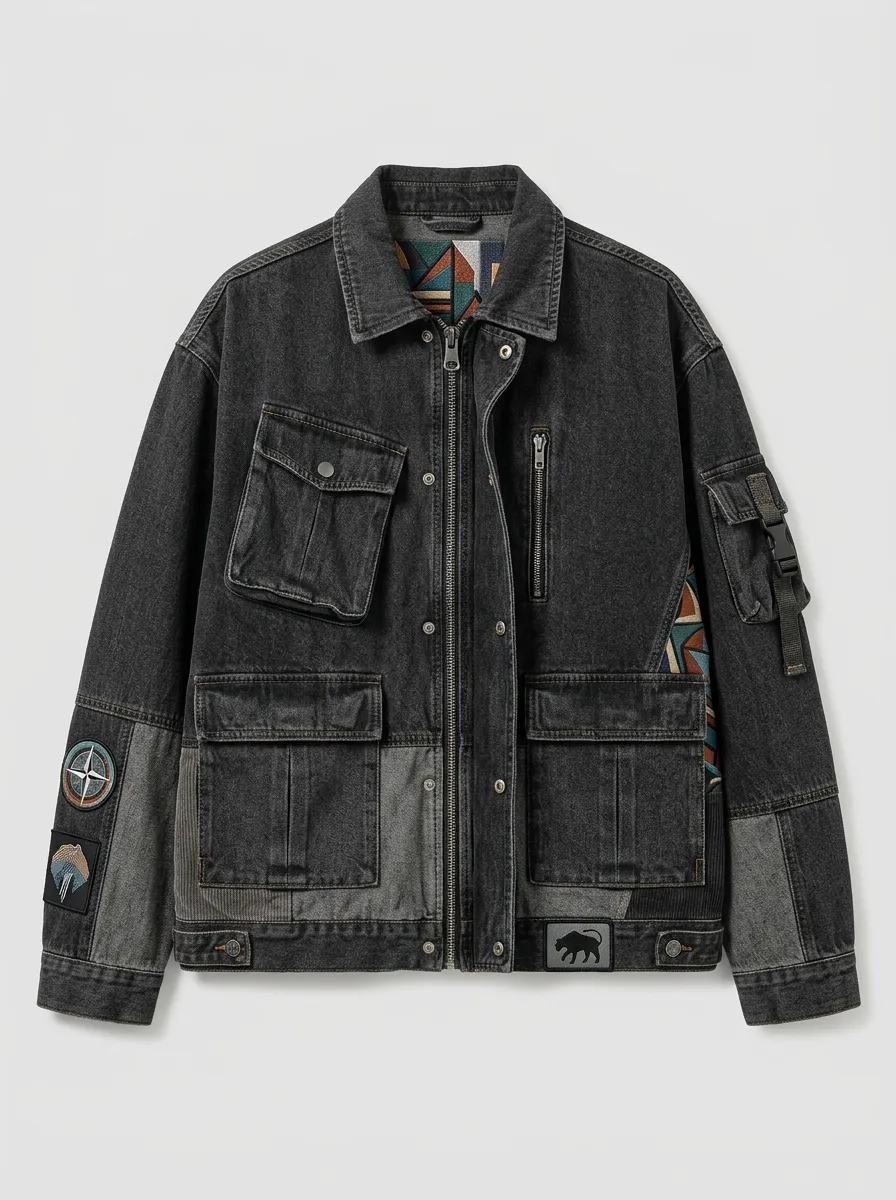 Men's Tactical Geometric Patchwork Printed Denim Jacket