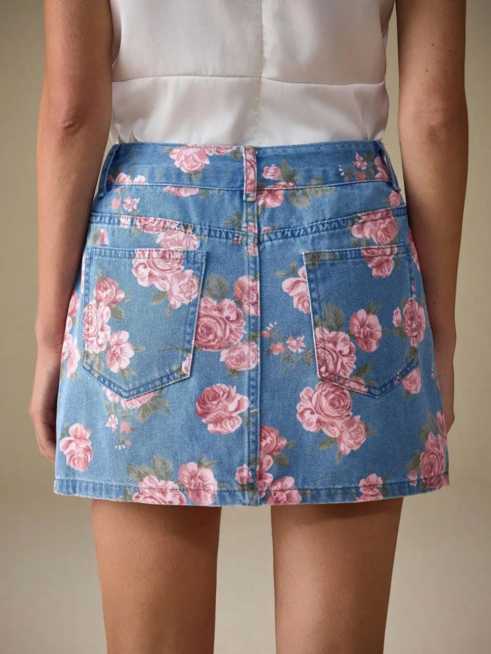 Denim Floral Print Pocketed Skirt