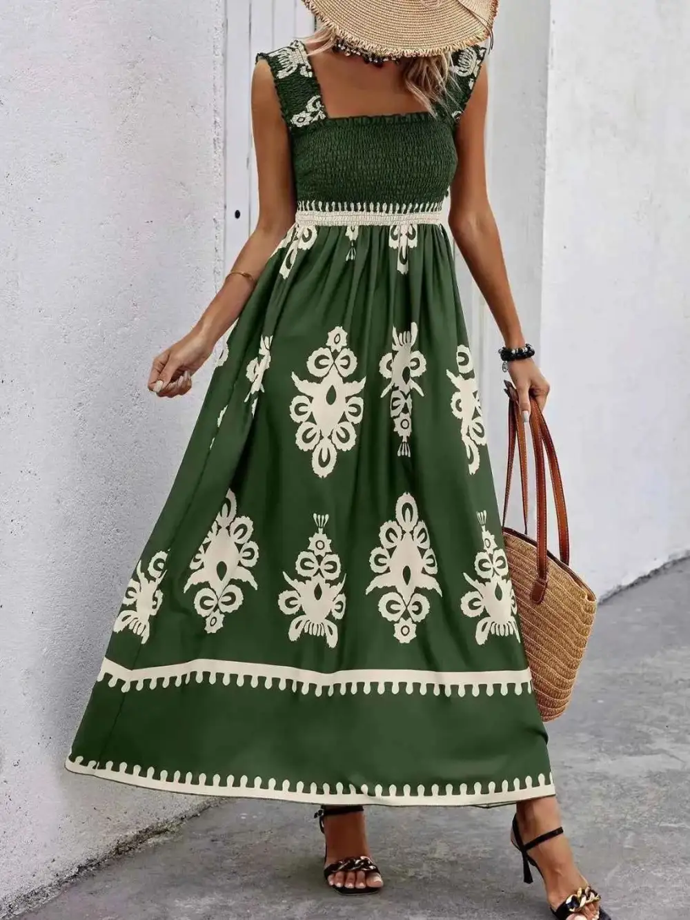 Smocked Printed Wide Strap Maxi Dress