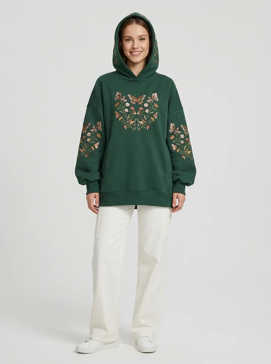 Modern Layer Women's Floral Butterfly Graphic Nature Hoodie