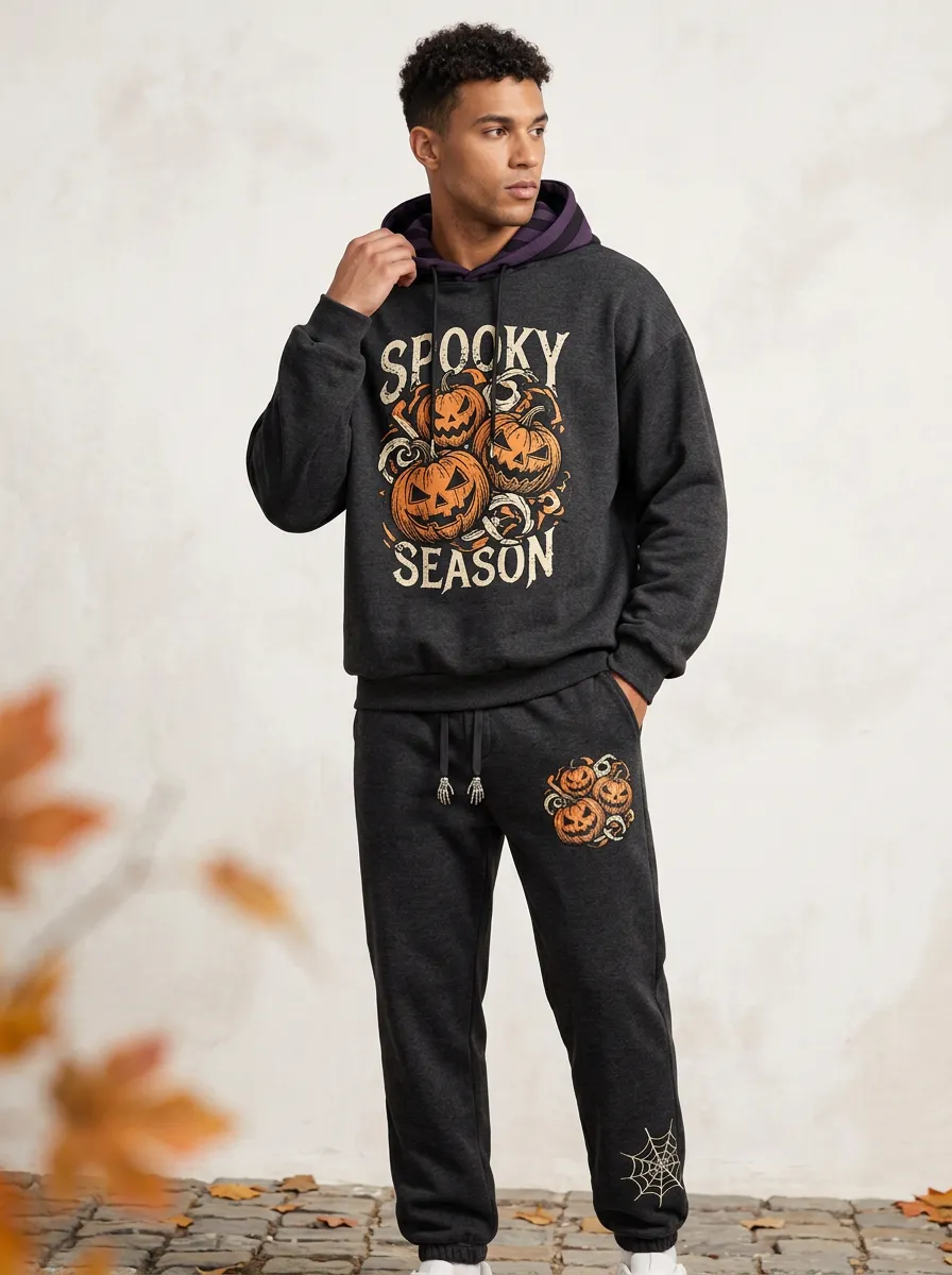 Men's Halloween Charcoal Spooky Season Pumpkin Skeleton-Hand Hoodie Jogger Set