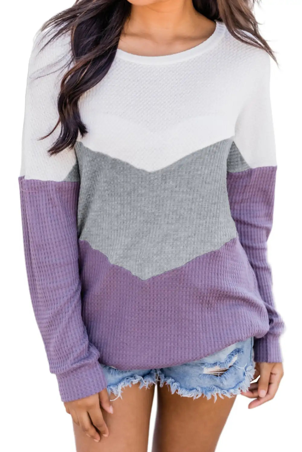 Chevron Waffle Color Block Sweatshirt