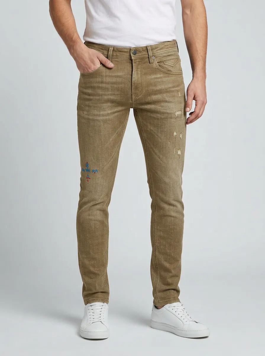Men's Distressed Tribal Cross Embroidered Slim-Fit Jeans