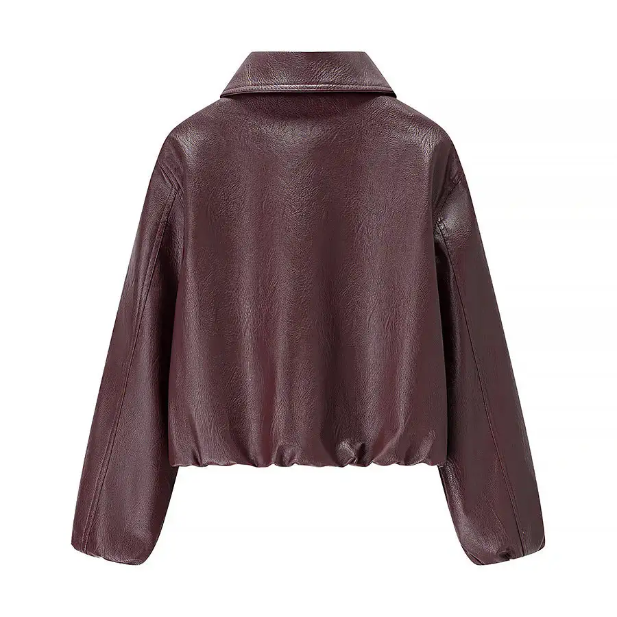 Cropped Faux Leather Shirt Collar Elastic Hem Bomber Jacket