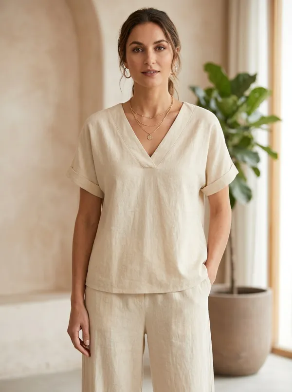 Refined Short-Sleeve Cuffed-Sleeve Women's V-Neck Shirt