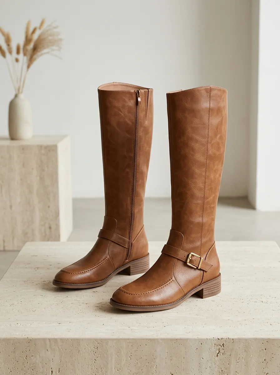 Women's Rugged Buckle Strap Knee High Boots