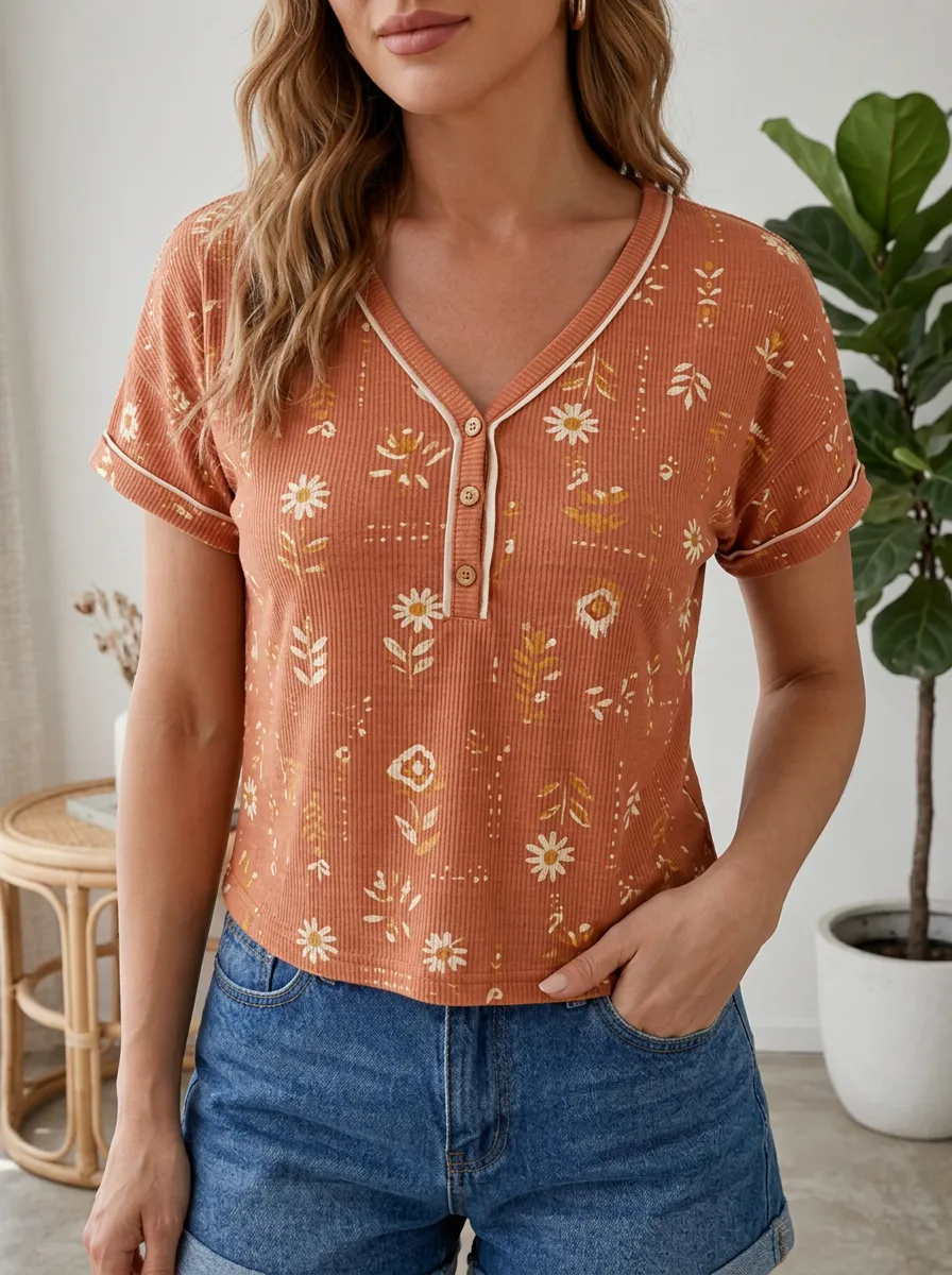 Women's Boho Floral Pattern Ribbed Printed Henley Top
