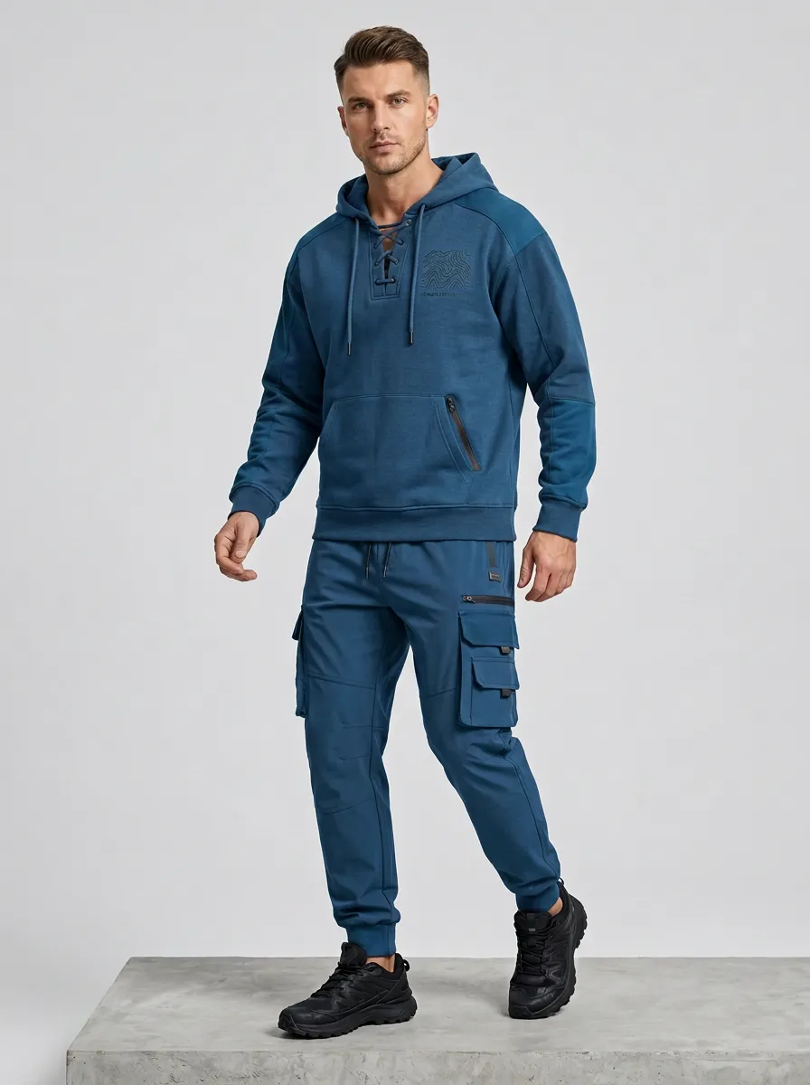 Trail-Inspired Lace-Up Graphic Print Casual Look Men's Lace Up Hoodie And Cargo Jogger Set