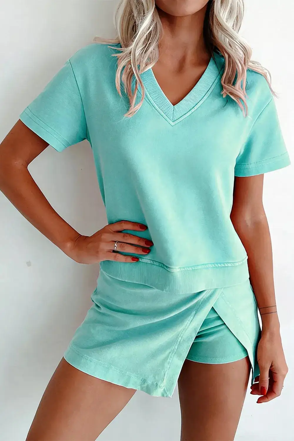 Casual V Neck Top and Wrap Skort Set