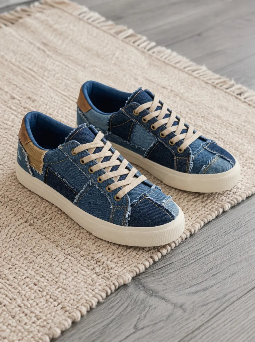 Women's Casual Fashion Distressed Denim Patchwork Printed Sneakers