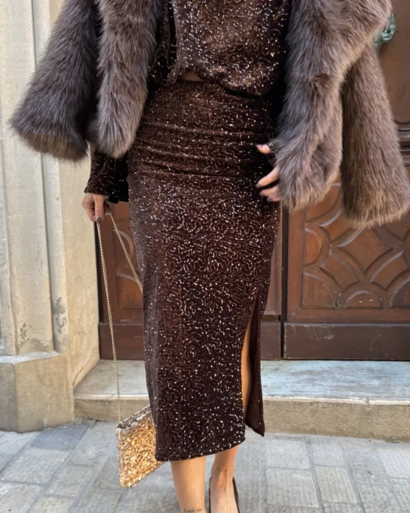 Side Slit Sequined Midi Skirt