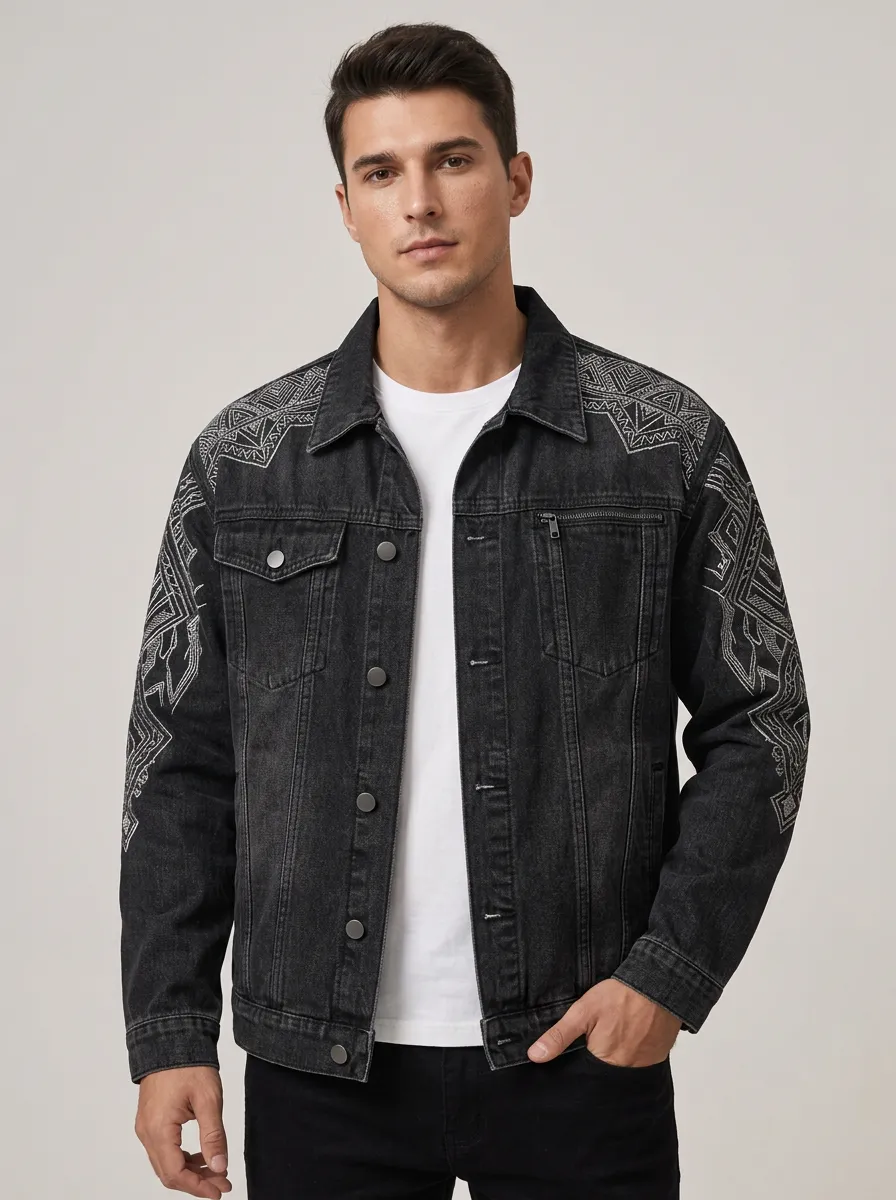 Men's Tribal Textured Geometric Denim Jacket