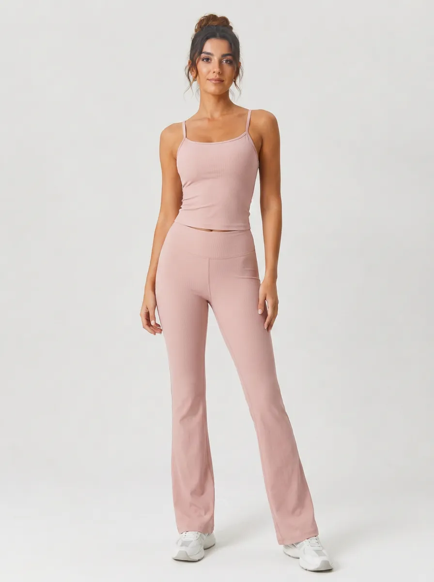 Women's Yoga Fitness Pink Ribbed Camisole Flare Leggings Set