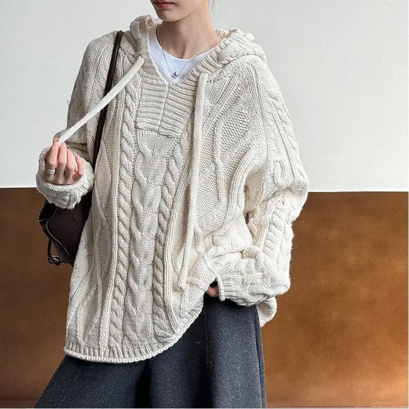 Structured Hooded Jacquard Loose Sweater