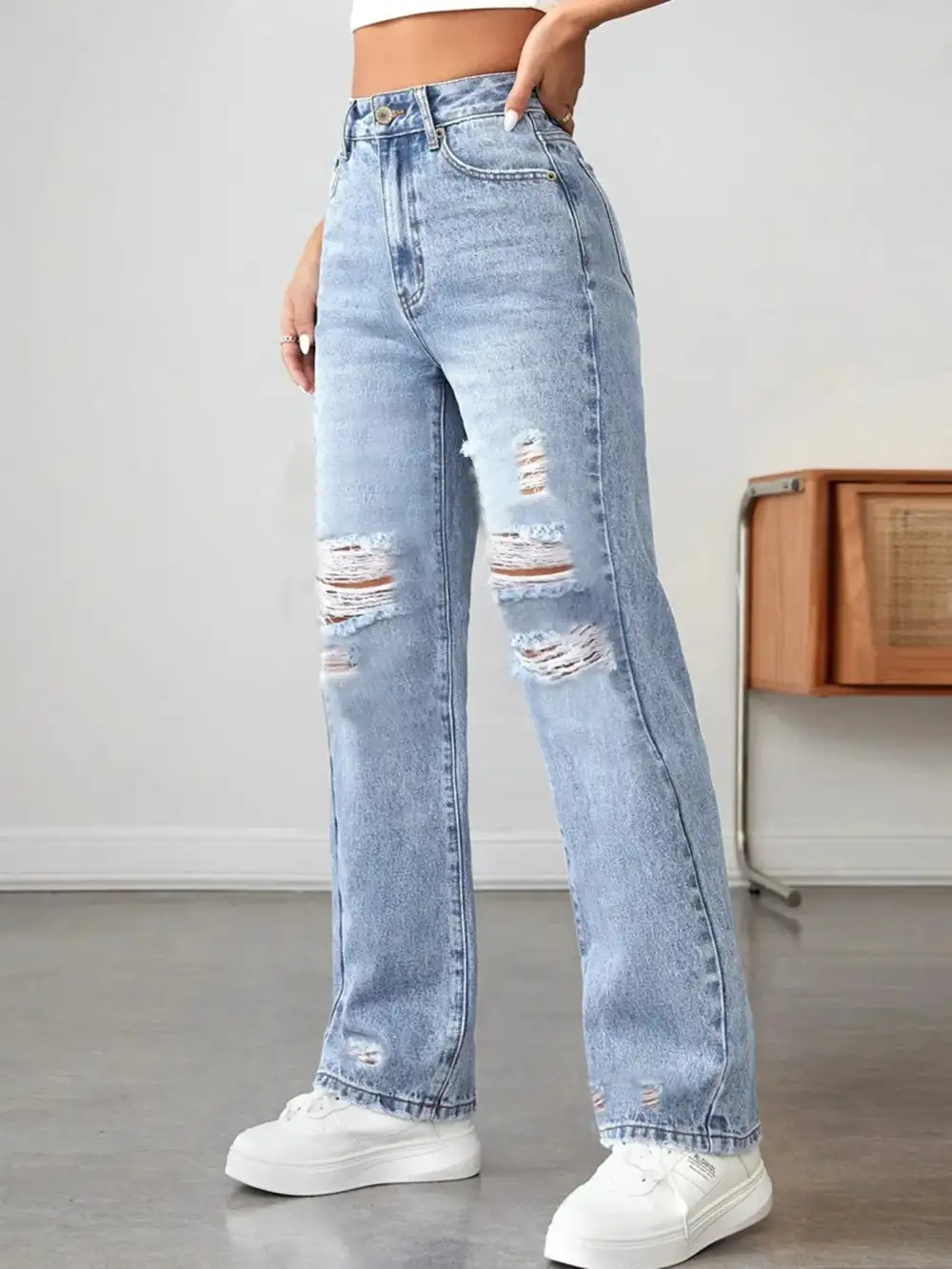 Relaxed High Waist Distressed Denim Jeans