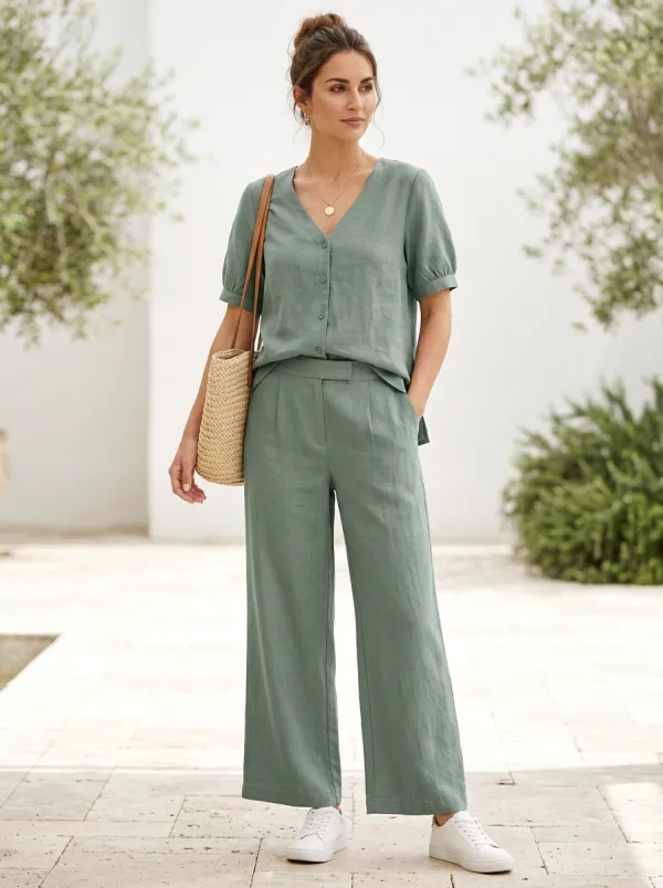 Short-Sleeve Button-Down Linen-Blend Women's V-Neck Shirt
