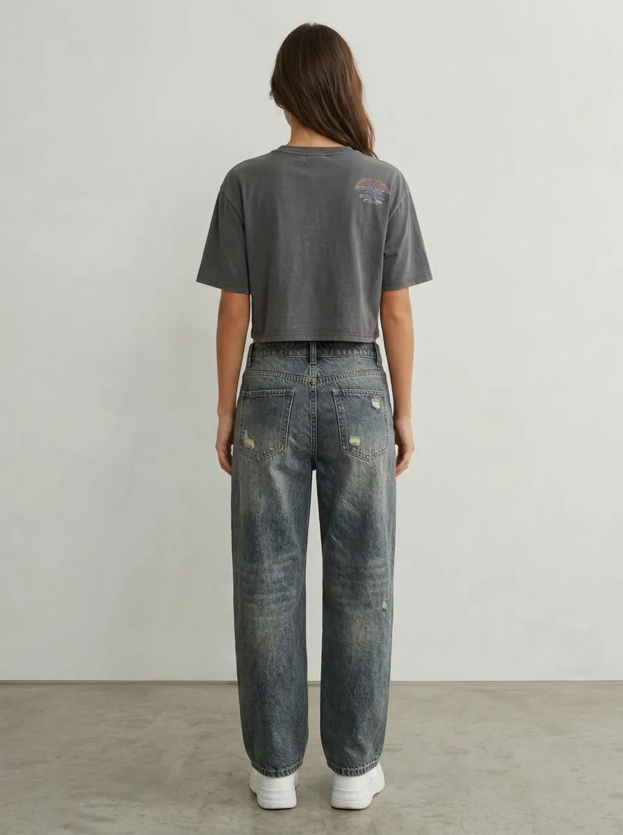 Women's Casual Vintage Distressed Wide Leg Denim Pocket Detail Baggy Jeans