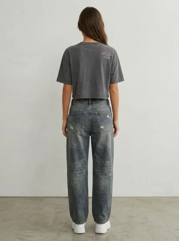 Women's Casual Vintage Distressed Wide Leg Denim Pocket Detail Baggy Jeans