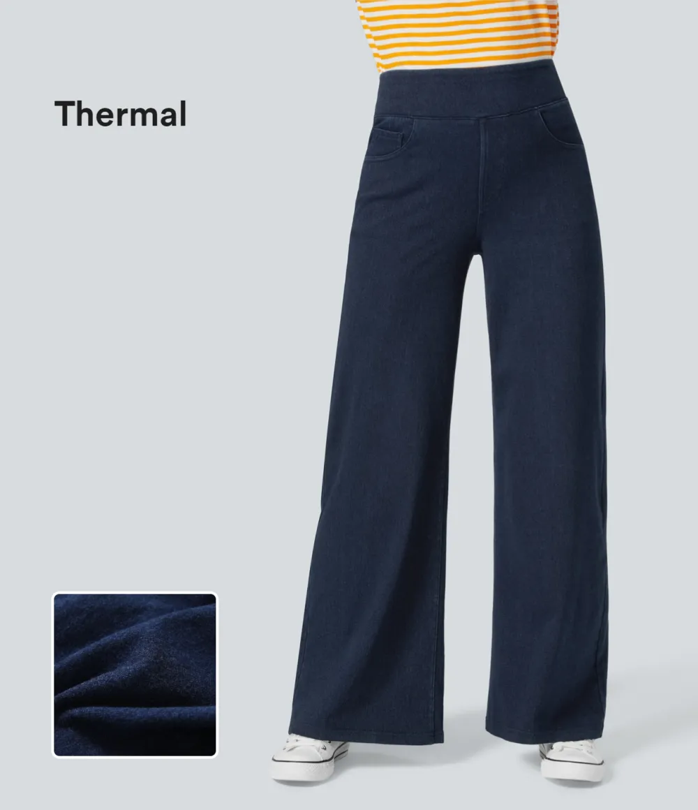 Magic High Waisted Multiple Pockets Wide Leg Stretchy Knit Casual Thermal Jeans