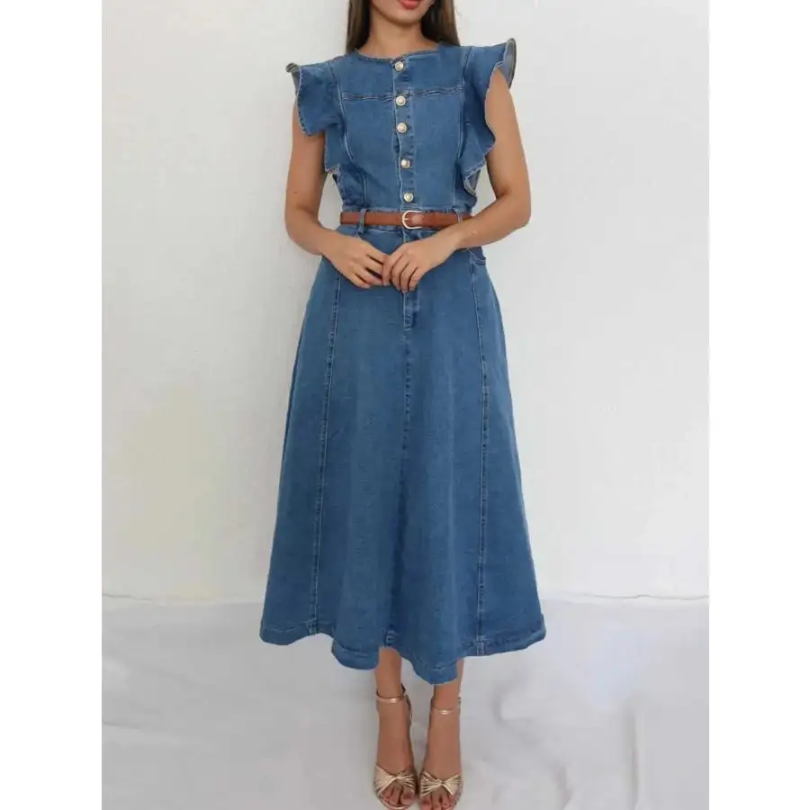 Button-front Ruffle Sleeve Denim Midi Dress