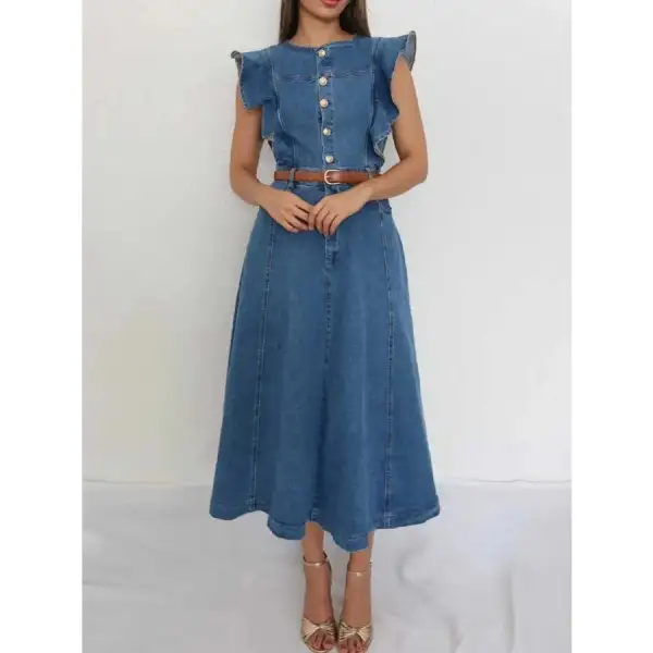 Button-front Ruffle Sleeve Denim Midi Dress