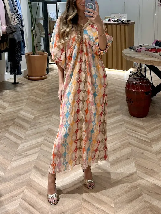 Mosaic Printed Puff Sleeve Pleated Midi Dress