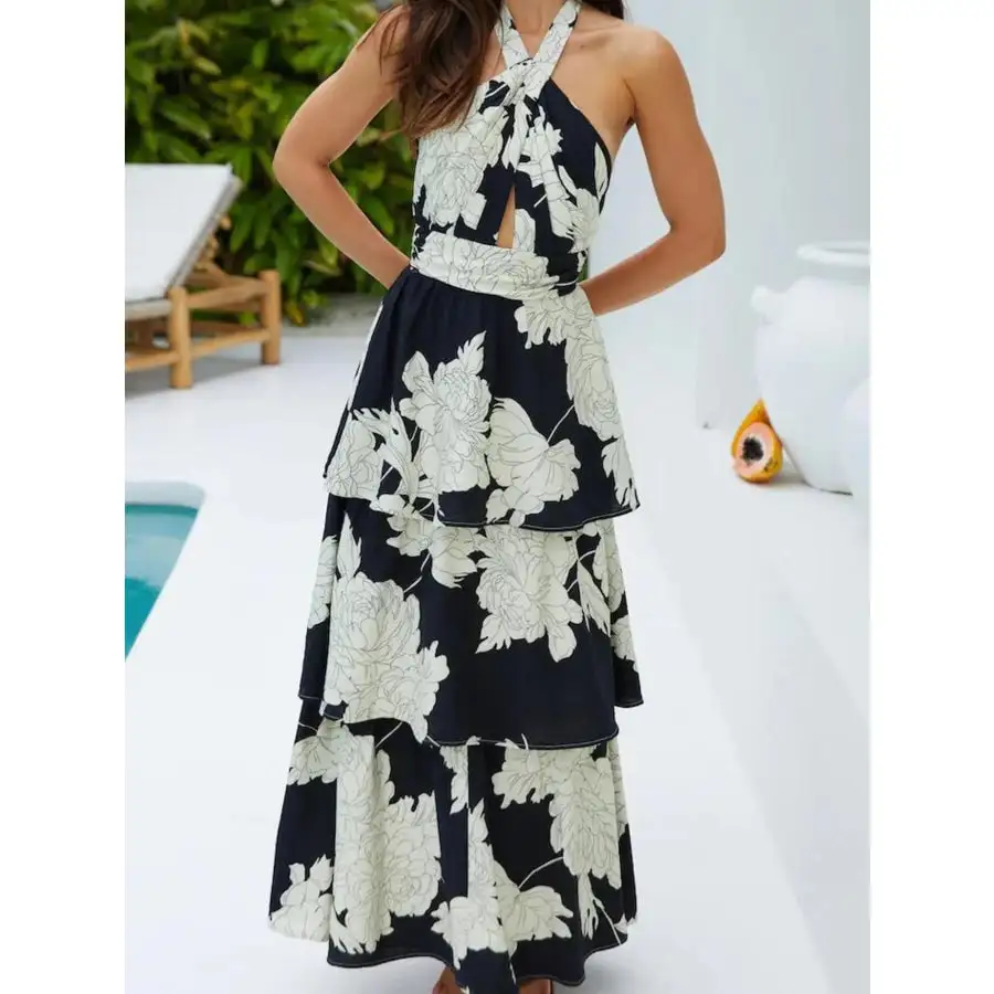 Printed Halter Neck Tiered Maxi Dress