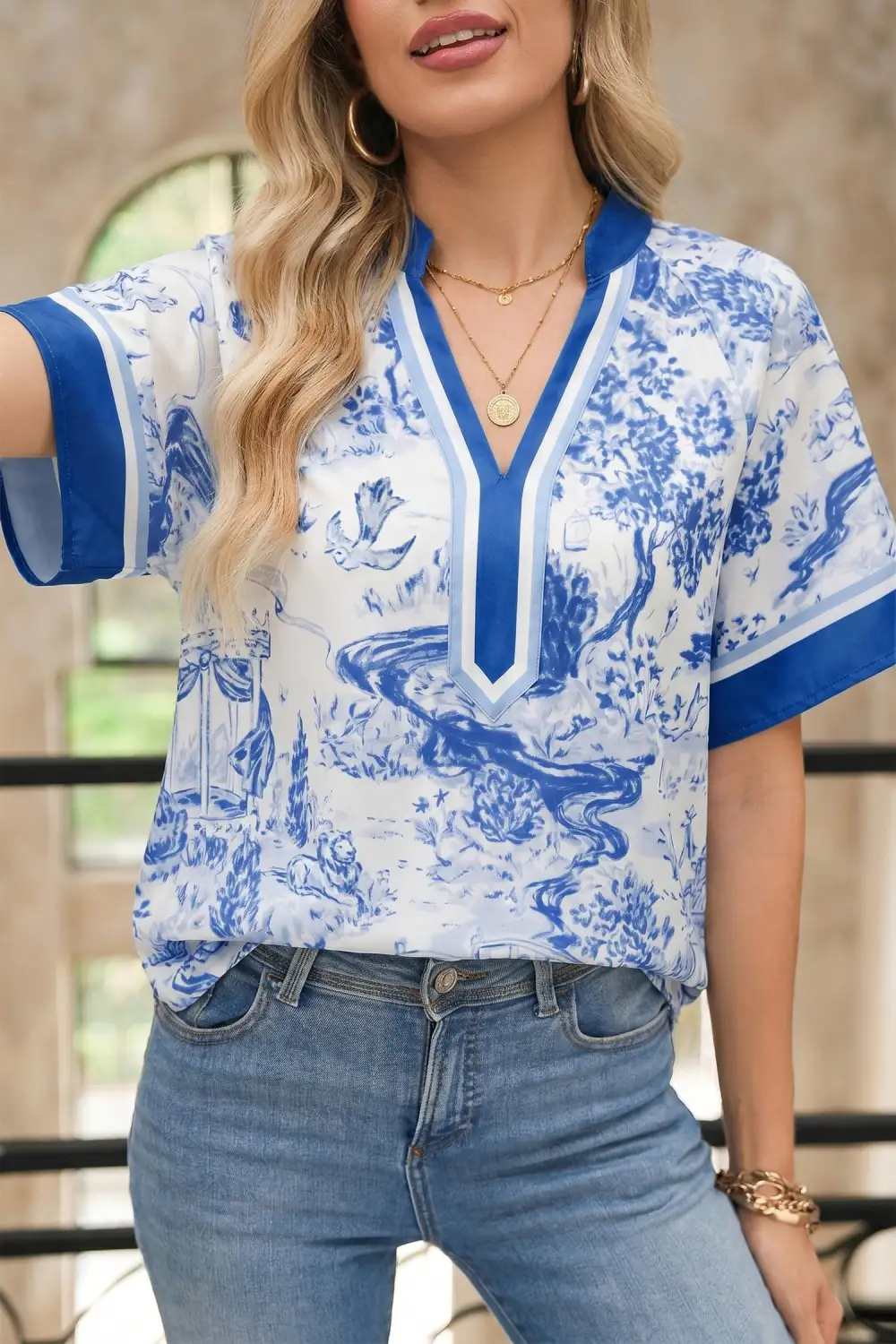 Women's V Neck Raglan Sleeve Contrast Detail Top