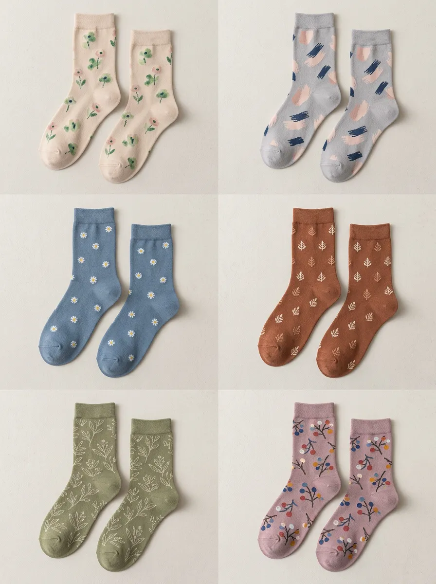 Women's Botanical Berry Line Art Crew Socks Six Pair Set