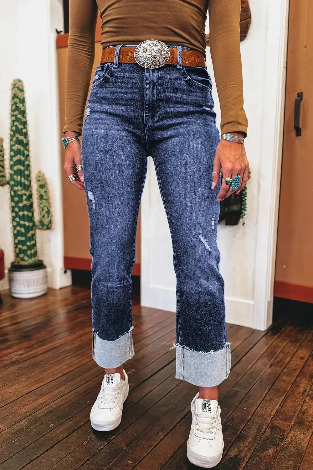 Relaxed High Waist Straight Leg Distressed Denim Jeans