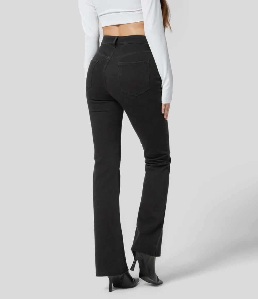 Magic Mid Rise Button Pockets Stretchy Knit Casual Bootcut Jeans