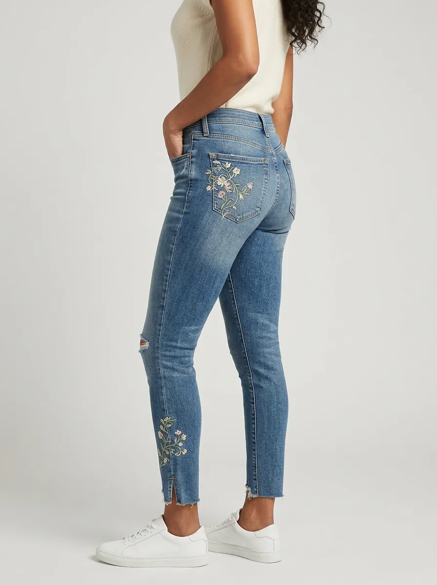 Women's Atlas Floral Embroidered Distressed Printed Slim Jeans