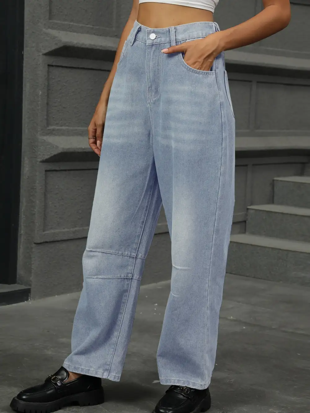 Washed Elastic-Waist Stretch Straight Leg Jeans