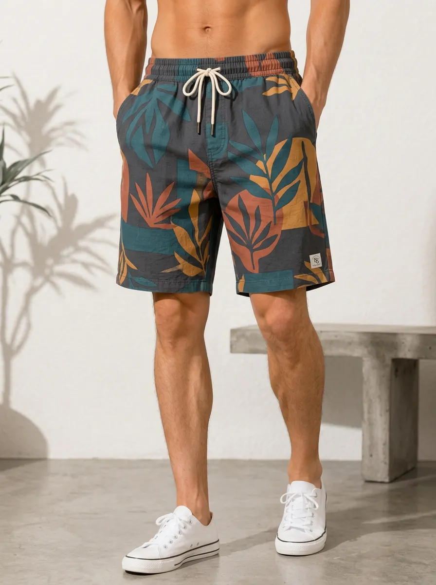 Men's Tropical Botanical Leaf Pattern Printed Shorts